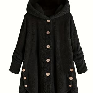 TEMU 여성 빈티지 컴포트 플리스 후드 가디건 - 캐주얼 버튼업 코트, 단색