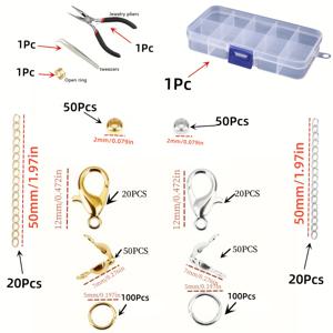 TEMU 팔찌 및 목걸이 주얼리 공예 용품을 위한 박스형 메탈 로브스터 걸쇠, 오픈 점프 링, 크림프 비즈, 꽃 스페이서 비즈 세트