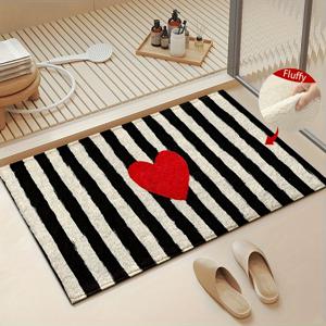 TEMU 1개 검정 & 흰색 사랑 패턴 미끄럼 방지 현관 매트 | 모조 캐시미어 극세사, 흡수성 빠른 건조 욕실 매트, 미끄럼 방지 뒷면, 세탁기 사용 가능, 주방 욕실 침실 휴일 파티 장식, 선물 아이디어