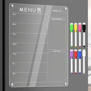 TEMU 주방 냉장고용 자석 아크릴 식사 계획 보드, 식료품 할 일 목록 및 쇼핑 목록 포함, 마커 8개, 투명 주간 캘린더 (지우개 사용 가능), 12X9인치