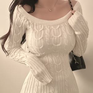 TEMU 여성용 빈티지 스타일 오프숄더 탑 - 긴 소매, 리브드 질감, 슬림핏, 화이트, 가을/겨울 캐주얼 착용에 완벽, 캐주얼 웨어 탑|빈티지 니트웨어|질감