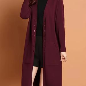 TEMU 2025 신상 가을/겨울 솔리드 컬러 롱 가디건 여성 코트, 루즈핏 패션 다용도 소프트 포켓 V넥 스웨터