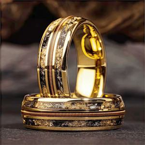 TEMU 8mm 남성용 패셔너블 합성 운석 골드 포일 기타 스트링 304 스테인리스 스틸 링, 독특한 디자인, 광택 처리, 내구성, 편안한 착용감, 데일리 웨딩 프로미스 링