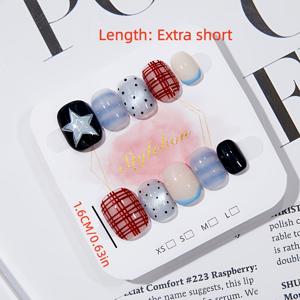 TEMU 10개 손으로 그려진 그라데이션 별, 빨간색 체크무늬 패턴과 파란색 고양이 눈 프렌치 팁이 특징이며, Y2 스타일의 달콤하고 멋진 대비되는 색상이 특징이며, 여성에게 적합한 짧은 사각형 및 원형 인조 네일|네일|네일팁