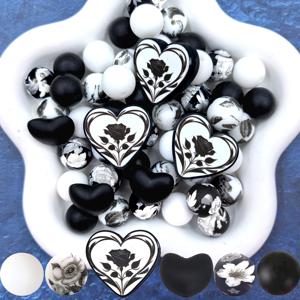 TEMU 28개 실리콘 비즈, 블랙 앤 화이트 하트 로즈 디자인, 빈티지 플로럴 테마, 귀걸이, 목걸이, 주얼리 가방, 체인 스트링, 펜 및 휴대폰 체인, 메이크업 브러쉬 등 주얼리 장식 및 추가에 적합