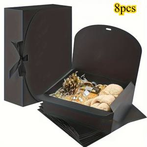 TEMU 8pcs 블랙 선물 상자 세트 - 우아한 리본 장식, 견고한 사각 매칭 박스 (결혼식, 생일, 파티용) - 광택 포장 (초콜릿 등에 이상적) - 기업 이벤트용 대량 럭셔리 포장 용품