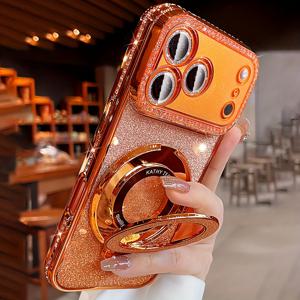TEMU 폰 케이스: 럭셔리 블링 글리터 라인스톤 링 홀더 그라데이션 시퀸 도금 아이폰 17 프로 맥스 에어 16 15 14 13 12 프로 맥스 여성용 오렌지 실버리 브래킷 케이스