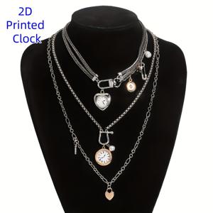 TEMU 빈티지 하트 시계 펜던트 목걸이 세트 3개, 우아한 체인 목걸이 - 데일리 커뮤트, 파티 선물, 크리스마스 선물, 발렌타인데이 선물, 카니발 선물, 일상 매력 주얼리 - 2D 프린트 시계