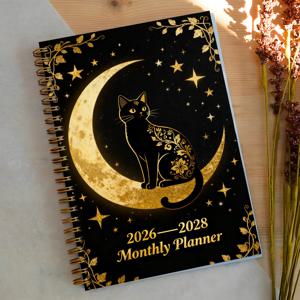 TEMU 1권 3년 블랙 & 골든 풀문 & 우아한 고양이 테마 플래너 - A5 휴대용 월간/일간 스케줄러, 데일리/위클리/월리 레이아웃, 미스터리 애호가, 고양이 주인을 위한 (2026-2028) - 플래너 & 저널링을 위한 크리스마스 선물 아이디어