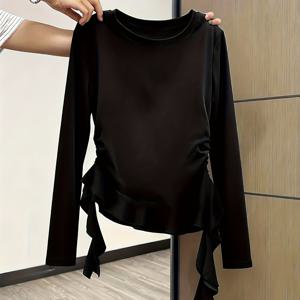 TEMU 러플 헴 비대칭 긴팔 티셔츠, 가을 타이업 플리츠 탑