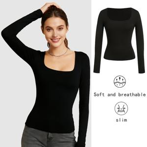 TEMU 여성용 고탄력 스퀘어넥 긴팔 튜닉 탑 - 솔리드 컬러 슬림핏 블라우스, 사계절 레이어링 아이템, 캐주얼 & 오피스웨어, 세미시어 스트레치 셔츠 (가슴 패딩 없음)
