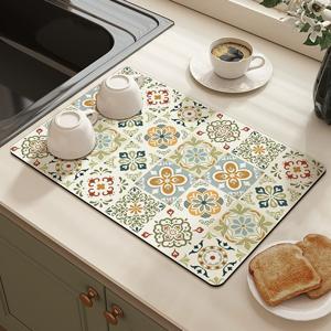 TEMU 플로럴 체크 디자인 1개, 식기 건조 매트, 주방 물기 제거 매트 - 조리대 흡수 매트, 폴리에스터 섬유 패드, 미끄럼 방지 - 스크래치 방지 및 내마모성 커피 머신, 식기류에 적합|식기건조기|패드