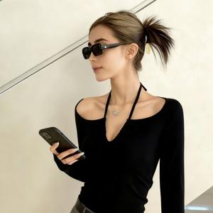 TEMU 2026 여성용 순수한 욕망 스타일 슬림핏 V넥 홀터 롱 슬리브 티셔츠 베이스 레이어 탑 (봄/가을)|티셔츠