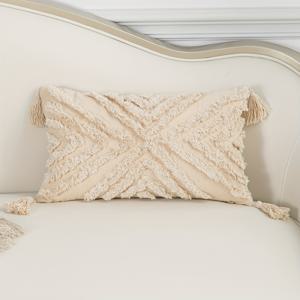 TEMU 스타일 베이지 터프드 베개 커버 태슬 포함 - 북유럽 영감, 부드러운 폴리에스터 캔버스, 침실 & 거실 소파 장식용 지퍼 클로저, 홈 데코