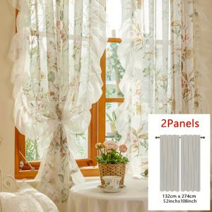TEMU 2단 빈티지 카멜리아 프릴 쉬어 커튼, 프렌치 스타일 로맨틱 컨트리 창문 커튼, 거실, 발코니, 침실 베이 창문용, 아메리칸 러스틱 장식 룸 디바이더 도어 커튼