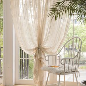 TEMU 1패널 일본식 시스루 커튼, 심플 세로 줄무늬 베이지 창문 시스루 커튼, 로드백 포함, 거실 및 침실 인테리어용 홈 데코|커튼봉