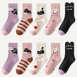 TEMU 5켤레의 MIANZHI 양말, 귀여운 만화 고양이 패턴, , 사계절, 남아 여아 공용, 컬러 블로킹 고양이 미드 튜브 양말