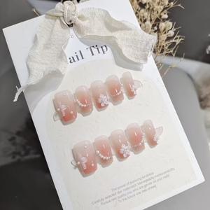 TEMU Y2K 10pcs 순백색 작은 꽃 짧은 사다리 블러쉬 그라데이션 핸드프레스 인조 손톱, 신선한 소형 꽃 고급 화이트닝 데일리 멀티용도 패치