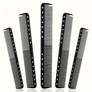 TEMU 5pcs 블랙 카본 섬유 헤어 컴 - 미세한 이빨, 열 저항성, 정전류 방지, 모든 헤어 타입에 적합, 내구성 있는 ABS 플라스틱 손잡이, 걸이 홀이 있는 헤어 스타일링 도구 | 다듬어진 표면 | 카본 컴
