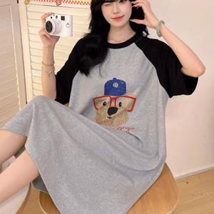 TEMU 여성 여름 컬러 블록 라운드넥 잠옷, 안경을 쓴 만화 강아지 프린트, 반팔, 2025년 신상 스위트 캐주얼 홈웨어, 패딩이 내장되어 야외복으로 적합|여름원피스|여성원피스|인견원피스