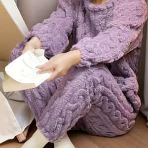 TEMU 2025년 가을/겨울 신상 여성용 코랄 플리스 두꺼운 따뜻한 라운지웨어 투피스 세트 포근한 잠옷 세트