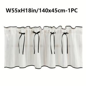 TEMU 1개 일본 한국식 클래식 심플 자수 블랙 리본 테두리 줄무늬 짧은 디자인 빈티지 팜하우스 쉬어 툴 커튼 탑 로드 포켓 고퀄리티 세탁 가능 거실 침실 현관 창문 드레이프|커튼봉