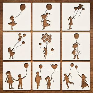 TEMU 9개 재사용 가능한 풍선 소녀 스텐실 - DIY 페인팅, 벽 예술, 가구, 나무 표지판, 캔버스 공예 및 홈 데코 프로젝트를 위한 3, 94인치 하트 모양 디자인, 공예 스텐실 | 재미있는 디자인 | 내구성 있는 플라스틱