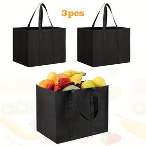 TEMU 3개 대형 세탁 가능한 접이식 재사용 가능한 쇼핑백, 강화된 검정색 손잡이 포함 - 여행, 생일 파티, 어버이날, 휴일 선물, 슈퍼마켓 및 야외 피크닉 필수품을 위한 튼튼한 쇼핑백