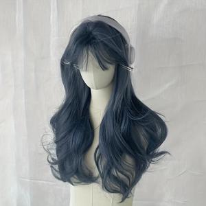 TEMU 파란색 옴브레 효과와 앞머리가 있는 긴 곱슬 가발 - 여성용 프리 스타일된 합성 헤어피스, 그라데이션 컬러로 판타지 코스프레에 완벽