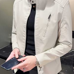 TEMU 남성용 솔리드 컬러 인조 가죽 자켓, 트렌디 스탠드 칼라 긴팔 재킷