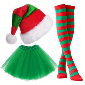 TEMU 유니크한 캐릭터 드레스업 이벤트를 위한 모자, 스타킹, 스커트를 포함한 크리스마스 엘프 의상 3종 세트