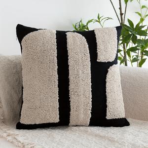 TEMU 원피스 와비-사비 스타일 블랙 앤 화이트 기하학적 베개 커버 | 트렌디하고 심플한 디자인, 폴리에스터, 지퍼 잠금, 세탁기 사용 가능