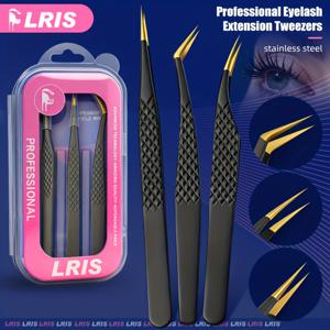 TEMU LRIS 브랜드 3pcs 전문가용 고정밀 속눈썹 연장 도구 세트. 블랙 미끄럼 방지 핀셋 디자인, 곡선 및 직선 돌핀 핀셋, 미용사용 정밀 핀셋, 통증 없는 속눈썹 포지셔닝 도구가 특징입니다.
