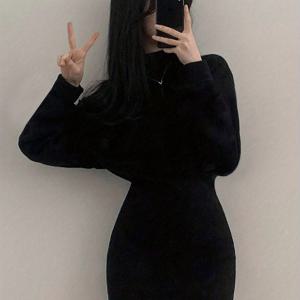 TEMU 블랙 다용도 핏 롱 슬리브 드레스, 신축성 있는 허리 라인과 바디콘 스타일|드레스