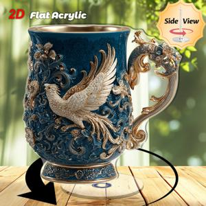TEMU 2D 평면, 2D 평면 - 우아한 블루와 골든 봉황 머그컵 1개 - 화려한 스크롤 장식이 있는 회전식 아크릴 탁상용 장식품, 전기 필요 없음, 가정, 사무실 또는 선물용으로 적합 - 실내/실외 사용, 사무실 장식, 가정 장식, 장식품, 홈 데코레이터에게 이상적, 2D 평면