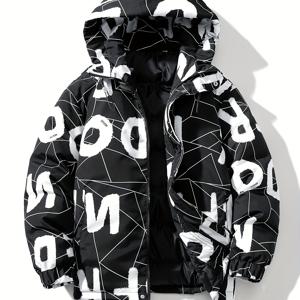 TEMU 남성용 후드 패딩 코트, 청소년을 위한 새로운 겨울 스타일, 미국 트렌디 브랜드 풀 레터 프린트, 학생들을 위한 다재다능하고 스타일리시한 겨울 재킷