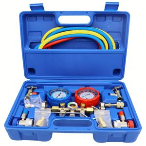 TEMU R410A R22 R134a R404A 냉매 AC 매니폴드 게이지 세트, 1.2m 호스, 커플러 및 커넥터가 포함된 3방향 냉매 충전 키트