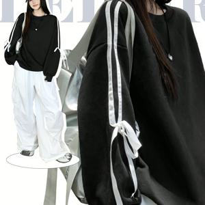 TEMU 여성용 루즈핏 라운드넥 컬러 블록 웨빙 리본 얇은 캐주얼 스웨트셔츠