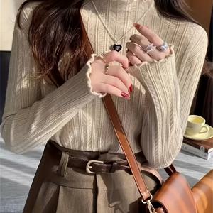 TEMU 여성용 빈티지 하이넥 레터 트림 풀오버, 단색 니트 스웨터, 폴리에스테르, 긴 소매, 루즈핏, 봄/가을용