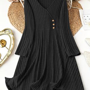 TEMU 플러스 사이즈 - 여성 솔리드 컬러 긴팔 V넥 골지 캐주얼 원피스