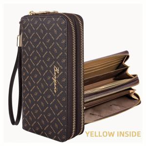 TEMU 여성용 대용량 롱 지퍼지갑, 멀티펑션 클러치 및 카드 홀더, 커피 브라운 PVC 골든톤 하드웨어, 스타일리시하고 기능적인 디자인, 현금 및 카드 보관함 | 우아한 지갑 디자인 | 엠보싱 패턴 지갑, 카드 홀더 지갑
