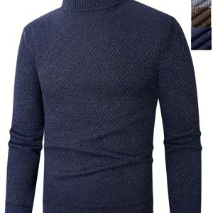 TEMU 남성용 기하학 패턴 하이넥 스웨터 - 소프트 리브드 질감 긴팔 풀오버, 레귤러 핏 캐주얼 겨울 니트웨어, 가을 & 겨울 시즌 일상복, 내구성 있는 편안한 착용감