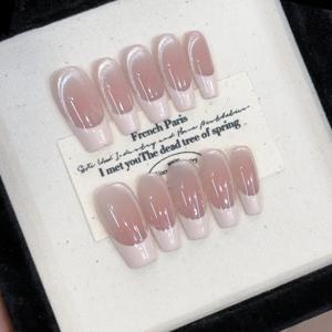TEMU 10개입 핑크 프렌치 스타일 프레스온 네일 - 여성용 광택 캣아이 글리터 누드 트라페조이드 중간길이 인조네일, 프렌치팁 컬러 DIY 네일아트, 데일리웨어, 파티, 웨딩용