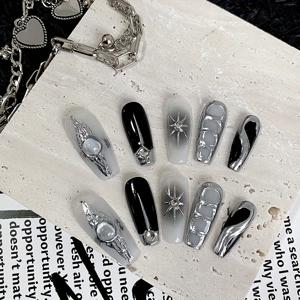 TEMU 한 팩 10개 롱 발레 스타일 블랙 앤 화이트 믹스 스위트 쿨 다크 메탈 운석 행성 실버 미러 파우더 수제 프레스온 손톱, 데일리, 페스티벌, 파티, 볼에 적합|네일팁