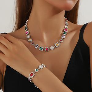 TEMU 스타일리시 트렌디 힙합 컬러풀 쿠바 링크 블록 목걸이 & 팔찌 세트. K팝 스타일 주얼리