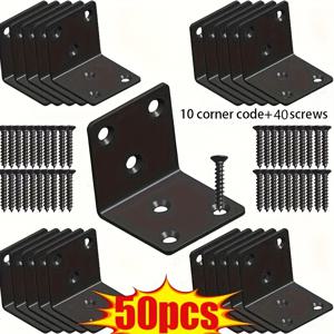 TEMU 50개 산업용 코너 브라켓 및 나사 세트, 10가지 코너 코드와 40개의 나사 포함, 헤비듀티 블랙 L자형 코너 브라켓, 높이 조절 가능, 사전 천공 처리로 쉬운 조립, 다목적 산업 하드웨어