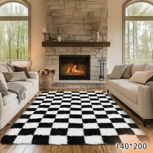 TEMU 다양한 사이즈로 제공되는 침실 및 거실 카펫 | 블랙 앤 화이트 체크 무늬 러그, 푹신하고 부드러운 워셔블 카펫, 모던 롱 필 러그, 홈 에스테틱 장식