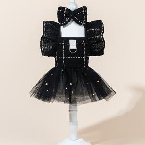 TEMU 검정과 흰색 체크 무늬 검정색 튤, 별, 검은 오리 웨딩 드레스, 웨딩 의상, 인형 칼라, 프렌치 스타일, 강아지 옷, 고양이 옷, 의류 드레스, 플라잉 슬리브, 보우 타이, 레이스, 귀여운, 애완 동물 의류, 진주 펜던트, 코사주, 크리스마스