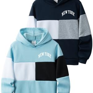 TEMU 2개 세트 - 남아용 패션 레터링 프린트 캐주얼 후드티, 가을 겨울 아동용 컬러 블록 긴팔 스웨트셔츠, 데일리웨어 & 아웃도어 활동용