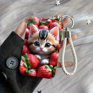 TEMU 딸기 사이에 귀여운 아기 고양이, 1개 학생 ID 카드 홀더, 버스 및 지하철 카드, 의사 및 간호사 카드 케이스, 여행용품, 넥스트랩이 있는 ID 카드 홀더 - 듀얼 카드 슬롯이 있는 튼튼한 플라스틱